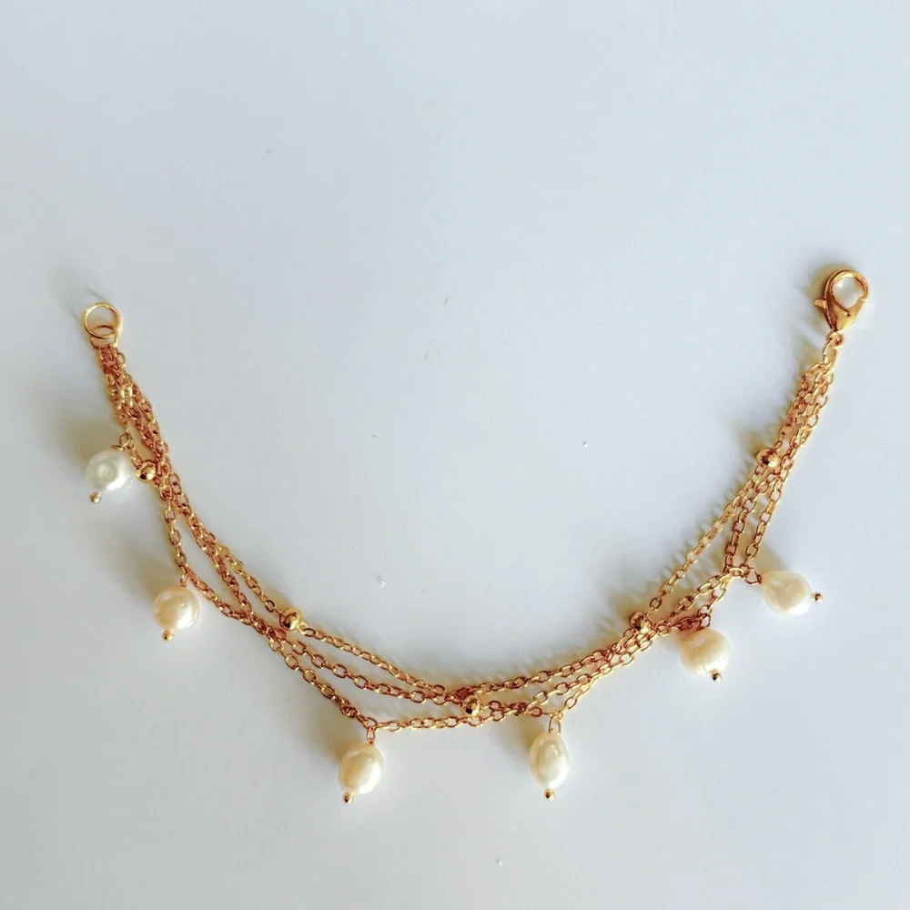 18K Yellow Gold Plated Beaded Chain And Freshwater Pearl Triple Chain Bracelet - Picture 2 of 3